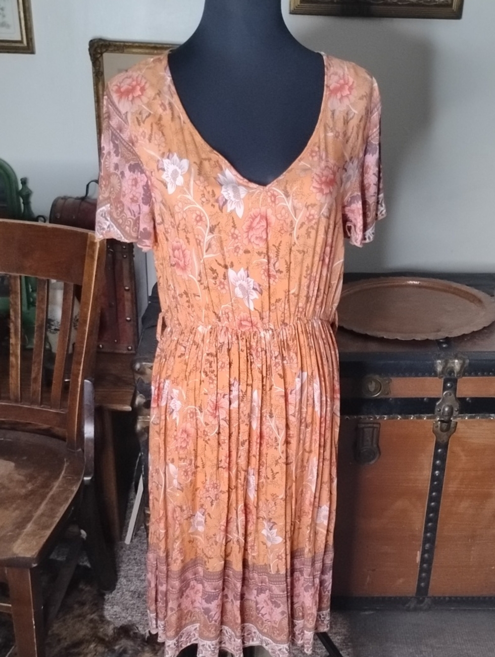 Shien Orange Floral v neck sun Dress